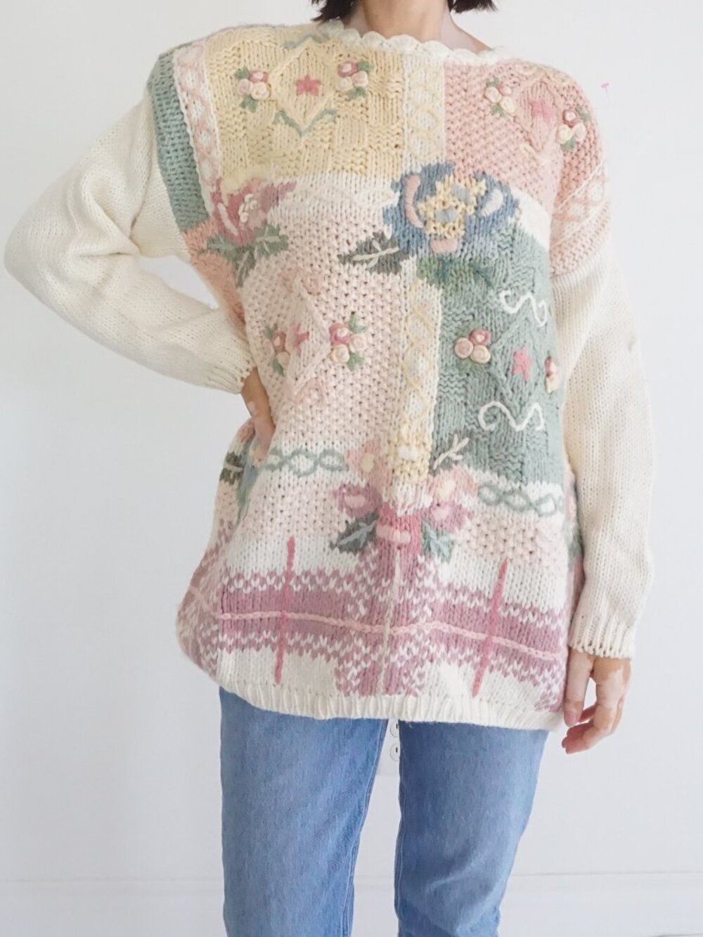 Vintage Shenanigans Pastel Pink Beige Floral Patchwork Cottagecore Sweater S